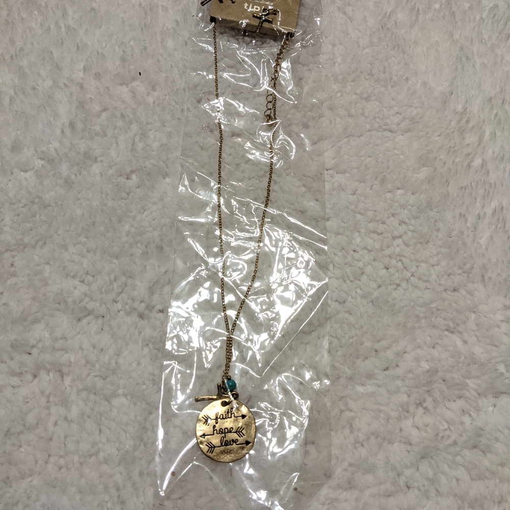 Worn Goldtone Faith Hope Love Necklace and Earring Set